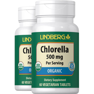 Chlorella (Organic), 500 mg (per serving), 60 Vegetarian Tablets, 2  Bottles