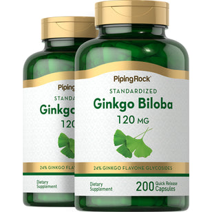 Ginkgo Biloba extrait normalisé,  120 mg 200 Gélules à libération rapide 2 Bouteilles
