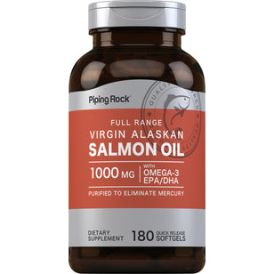 Huile de saumon 1 000 mg Vierge sauvage d'Alaska Gamme complète 180 Capsules molles à libération rapide       