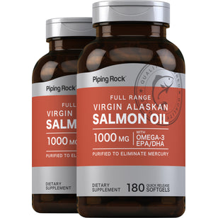 Salmon Oil 1000 mg Virgin Wild Alaskan Full Range, 180 Quick Release Softgels, 2  Bottles