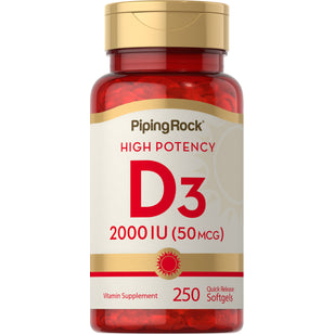 Vitamine de haute puissance D3  2000 IU 250 Capsules molles à libération rapide     