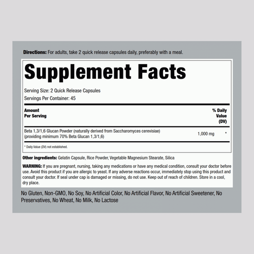 Beta 1,31,6-D-Glucan, 1000 mg (per serving), 90 Quick Release Capsules Supplement Facts