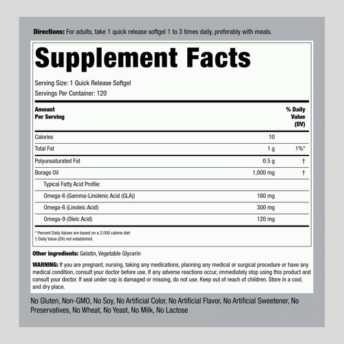 Borage Oil (GLA), 1000 mg, 120 Quick Release Softgels Supplement Facts