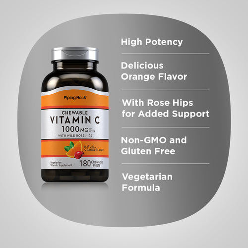Chewable Vitamin C (Natural Orange), 1000 mg (per serving), 180 Chewable Tablets Benefits