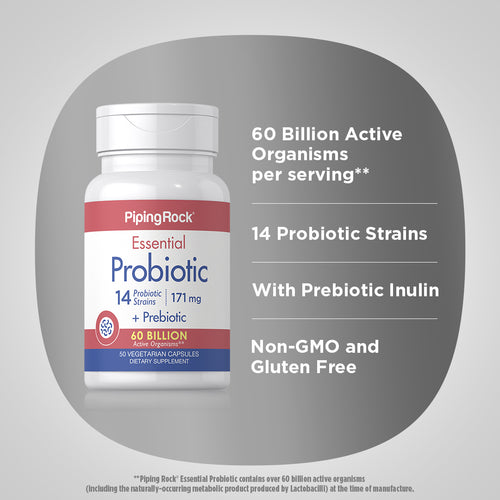 Essential Probiotic 14 Strains 60 Billion Organisms + Prebiotic, 50 Vegetarian Capsules Benefits