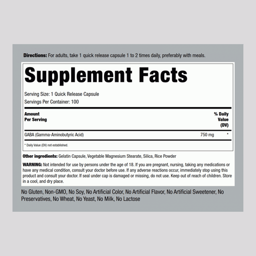 GABA (Gamma-Aminobutyric Acid), 750 mg, 100 Quick Release Capsules Supplement Facts