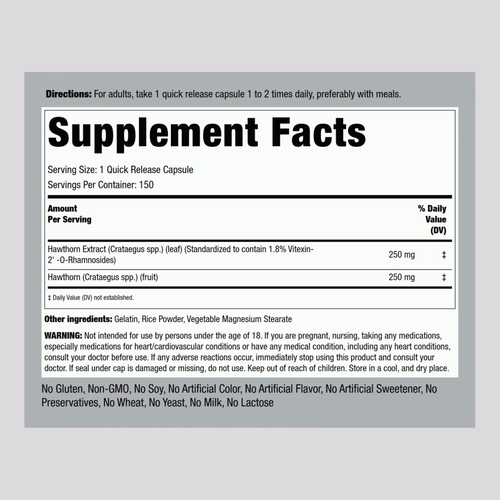 Hawthorn Standardized Extract, 150 Quick Release Capsules Supplement Facts