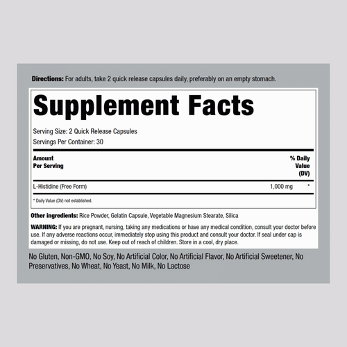 L-Histidine, 1000 mg (per serving), 60 Quick Release Capsules Supplement Facts