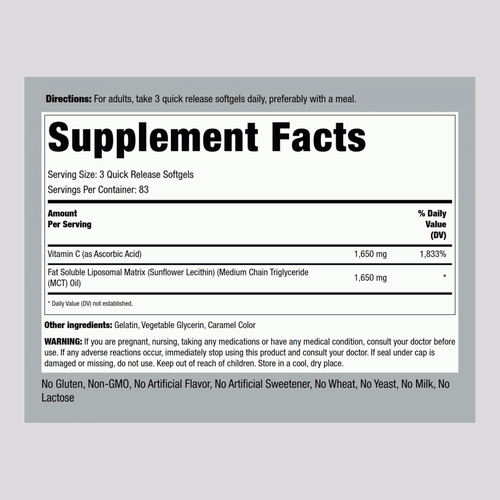 Liposomal Vitamin C Complex, 3300 mg (per serving), 250 Softgels Supplement Facts
