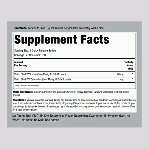 Lutein + Zeaxanthin, 20 mg, 180 Quick Release Softgels Supplement Facts