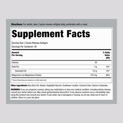 Magnesium Citrate, 375 mg (per serving), 120 Quick Release Softgels Supplement Facts