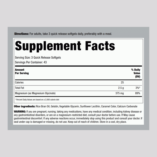 Magnesium Glycinate, 375 mg (per serving), 130 Quick Release Softgels Supplement Facts