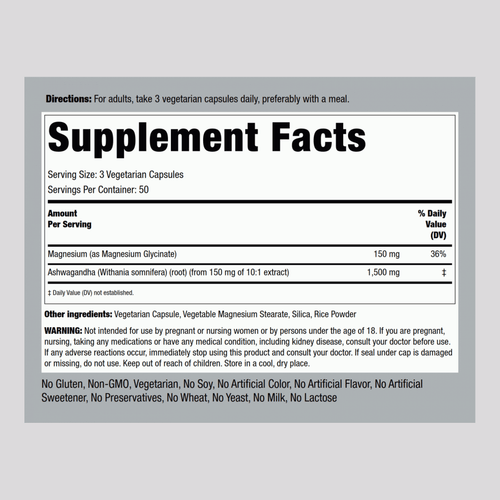 Magnesium Glycinate + Ashwagandha, 150 Vegetarian Capsules Supplement Facts