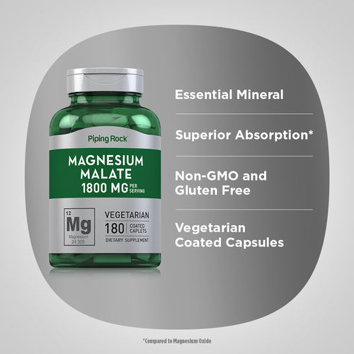 Magnesium Malate, 1415 mg (per serving), 180 Coated Caplets Benefits