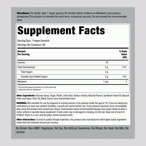 Melatonin Gummies (Natural Cherry Pomegranate), 1 mg, 60 Vegan Gummies Supplement Facts