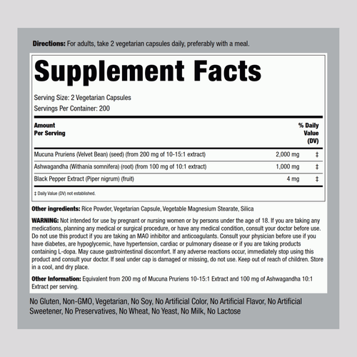 Mucuna Ashwagandha Complex, 3000 mg (per serving), 200 Vegetarian Capsules Supplement Facts