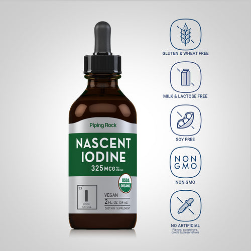 Nascent Iodine (Organic), 325 mcg (per serving), 2 fl oz (59 mL) Dropper Bottle Benefits Dietary Attributes