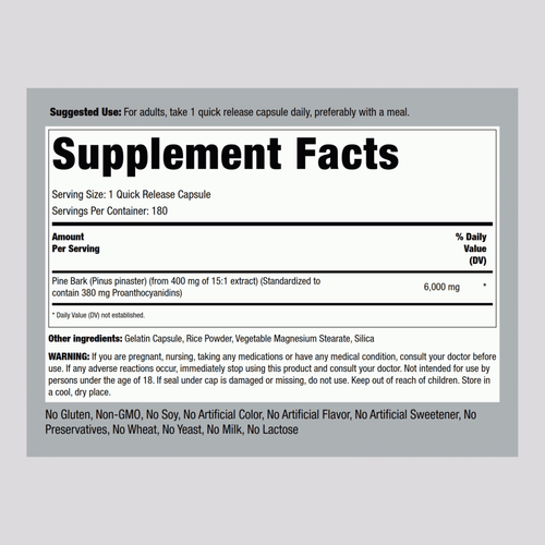 Pine Bark Extract, 6000 mg, 180 Quick Release Capsules Supplement Facts
