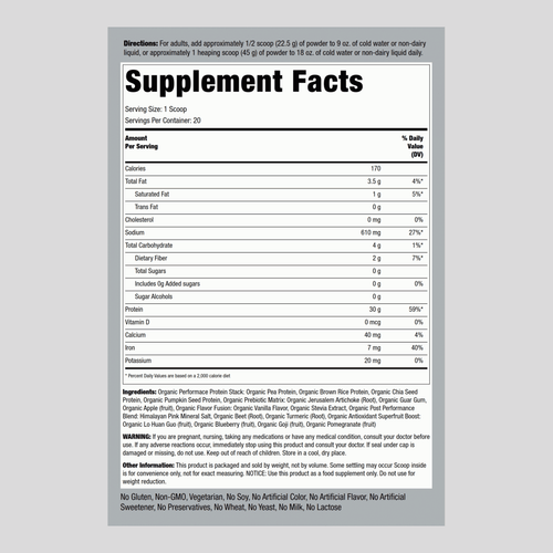 Plant Based Sport Protein (Organic) (Creamy Vanilla), 32 oz (908 g) Bottle Supplement Facts