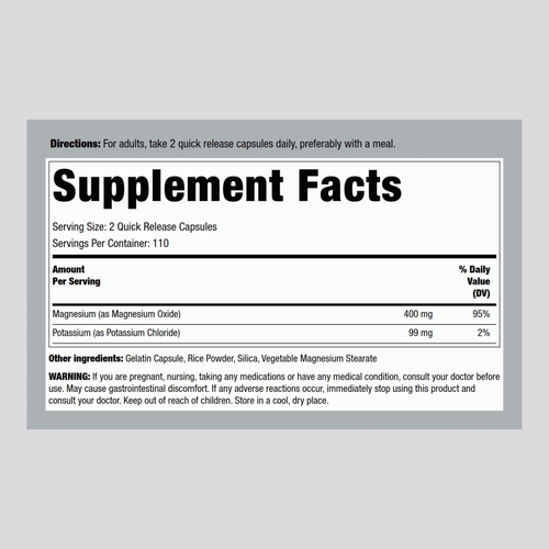 Potassium Magnesium, 220 Quick Release Capsules Supplement Facts