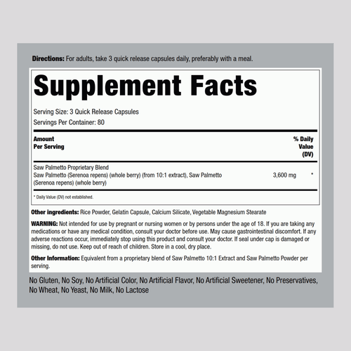 Saw Palmetto, 3600 mg (per serving), 240 Quick Release Capsules Supplement Facts