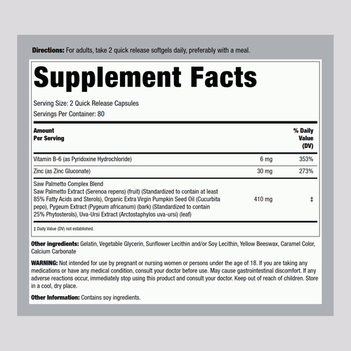 Saw Palmetto, 410 mg (per serving), 160 Quick Release Capsules Supplement Facts
