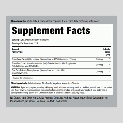 Standardized Grape seed, Green Tea & Pine Bark Complex, 240 Quick Release Capsules Supplement Facts