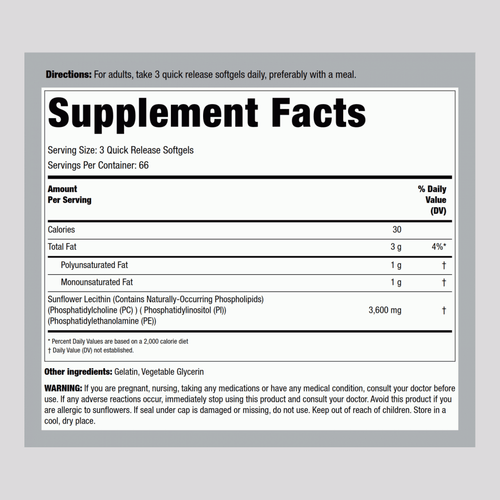 Sunflower Lecithin, 3600 mg (per serving), 200 Quick Release Softgels Supplement Facts