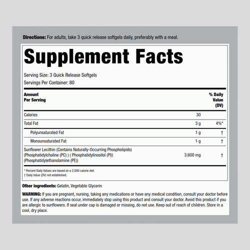 Sunflower Lecithin, 3600 mg (per serving), 240 Quick Release Softgels Supplement Facts