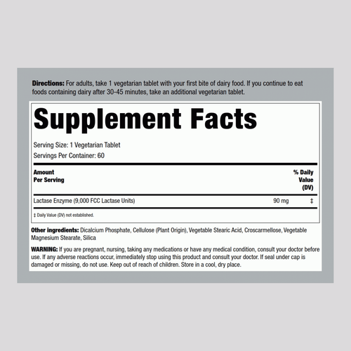 Super Dairy Digest-Lactase Enzyme 9000 FCC Units, 60 Vegetarian Tablets Supplement Facts