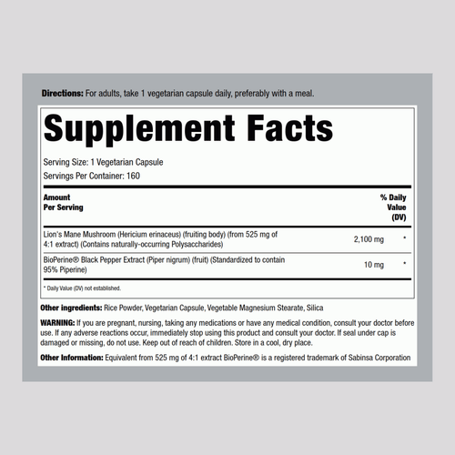 Super Lion's Mane Mushroom, 2100 mg, 160 Vegetarian Capsules Supplement Facts