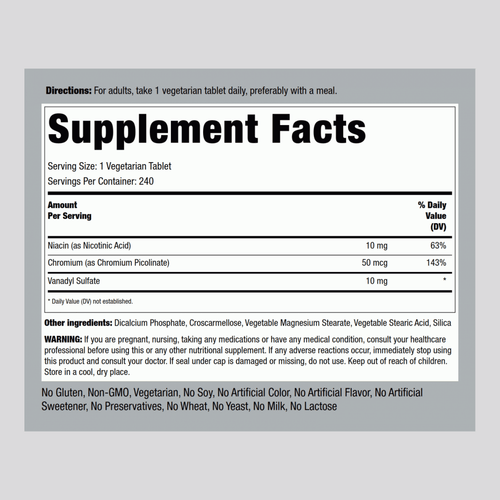 Ultra Vanadyl Complex (Vanadium), 10 mg, 240 Vegetarian Tablets Supplement Facts