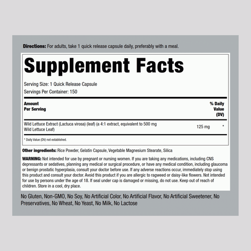 Wild Lettuce, 500 mg, 150 Quick Release Capsules Supplement Facts