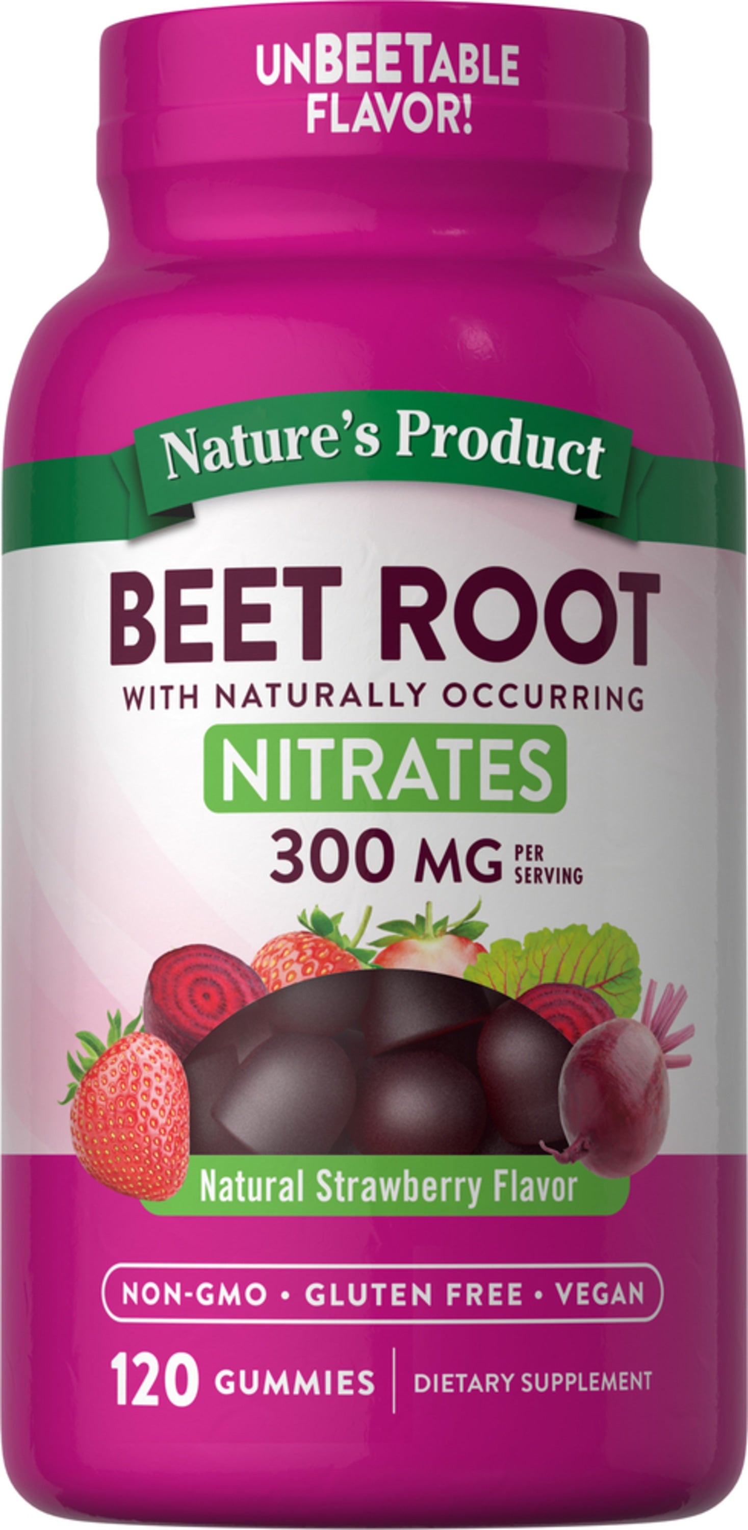 Beet Root (Natural Strawberry) Gummies, 300 mg (per serving), 120 