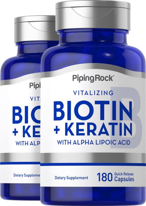 Biotine Complexe 5000 mcg (5 mg) Plus ALA et Kératine,  180 Gélules à libération rapide 2 Bouteilles