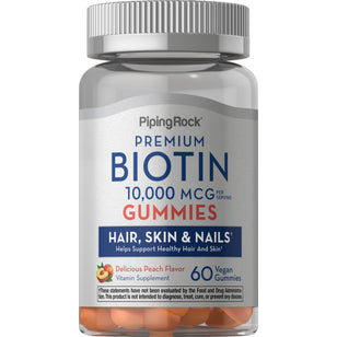 Biotin Gummies (Delicious Peach), 10,000 mcg (per serving), 60 Vegan Gummies Bottle