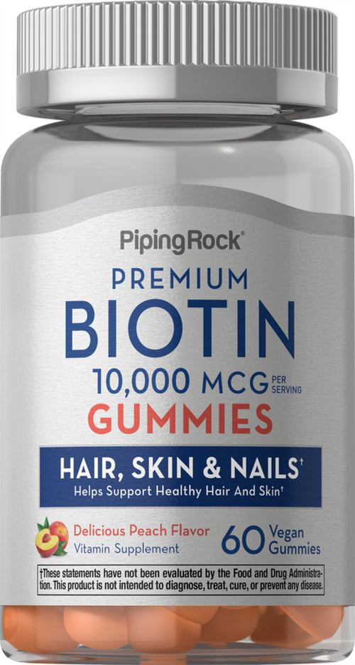 Biotin Gummies (Delicious Peach), 10,000 mcg (per serving), 60 Vegan Gummies Bottle
