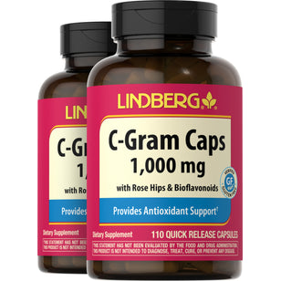 C-Gram 1000 mg with Rose Hips & Bioflavonoids, 110 Quick Release Capsules, 2  Bottles