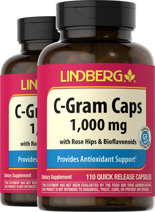 C-Gram 1000 mg with Rose Hips & Bioflavonoids, 110 Quick Release Capsules, 2  Bottles
