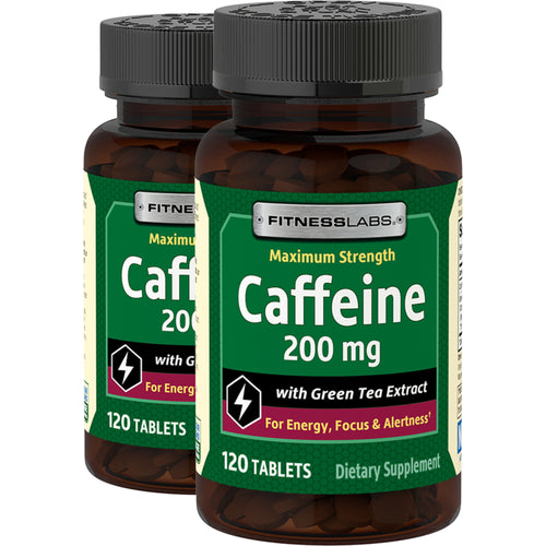 Caféine 200 mg avec extrait de thé vert,  120 Comprimés 2 Bouteilles