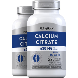 Calcium Citrate 630 mg (per serving) Plus D3 500 IU, 220 Coated Caplets, 2  Bottles