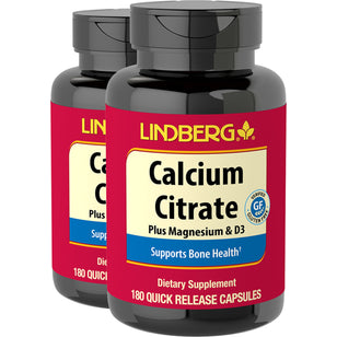 Citrate de Calcium Plus Vitamine D3 & Magnésium,  180 Gélules à libération rapide 2 Bouteilles
