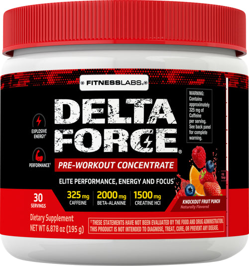Delta Force Pre-Workout koncentratpulver (Knockout frugtpunch) 6.87 oz 195 g Flaske    