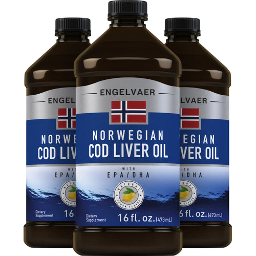 Engelvaer Norwegian Cod Liver Oil (Natural Lemon Flavor), 16 fl oz (473 mL) Bottle, 3  Bottles