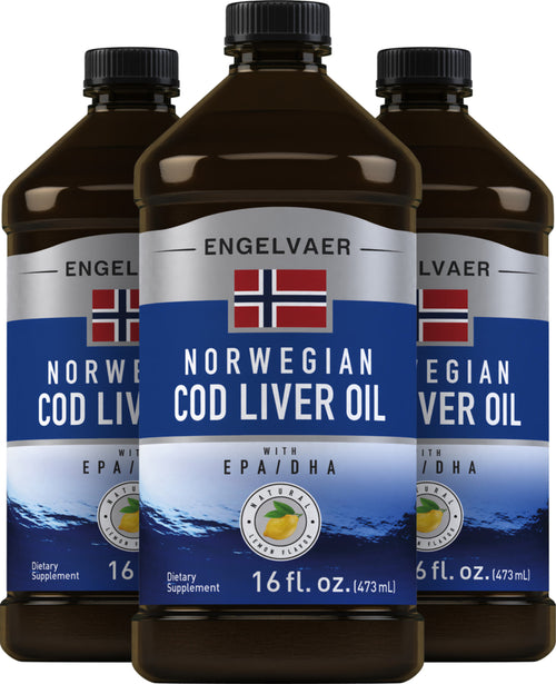 Engelvaer Norwegian Cod Liver Oil (Natural Lemon Flavor), 16 fl oz (473 mL) Bottle, 3  Bottles