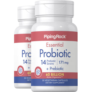 Probiotique essentiel avec 14 souches et 60 milliards d'organismes + prébiotique,  50 Gélules végétales 2 Bouteilles