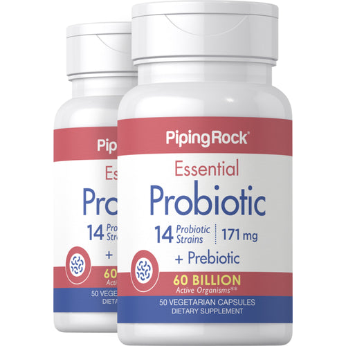Essential Probiotic 14 Strains 60 Billion Organisms + Prebiotic, 50 Vegetarian Capsules, 2  Bottles