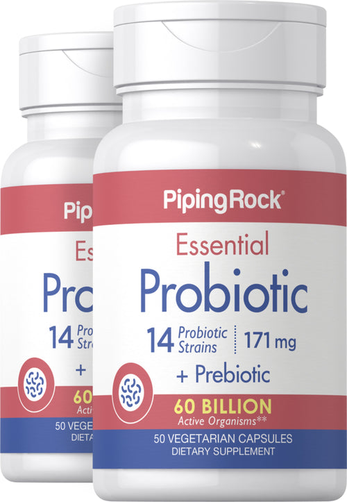 Probiotique essentiel avec 14 souches et 60 milliards d'organismes + prébiotique,  50 Gélules végétales 2 Bouteilles