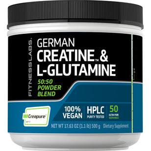 Tysk Kreatin-monohydrat (Creapure) & L-glutamin-pulver (50:50 blanding) 10 gram (per porsjon) 1.1 pund 500 g Flaske  