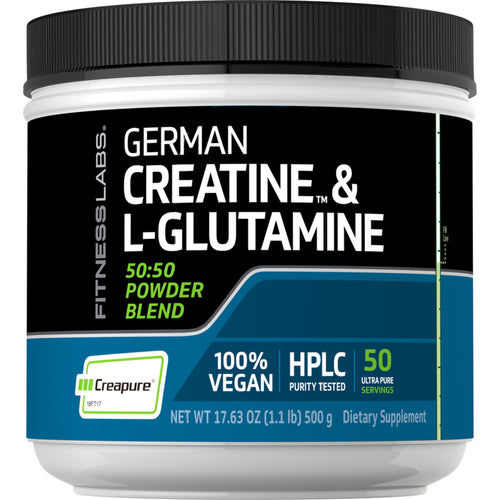เยอรมนี ครีเอทีน โมโนไฮเดรต (Creapure) & แอล-กลูตามีนผง (50:50 Blend) 10 กรัม (ต่อหน่วยบริโภค) 1.1 ปอนด์ 500 g ขวด  